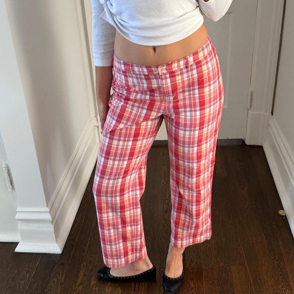 Vintage 90's Brooks Brothers red and orange plaid mid-rise cropped pants